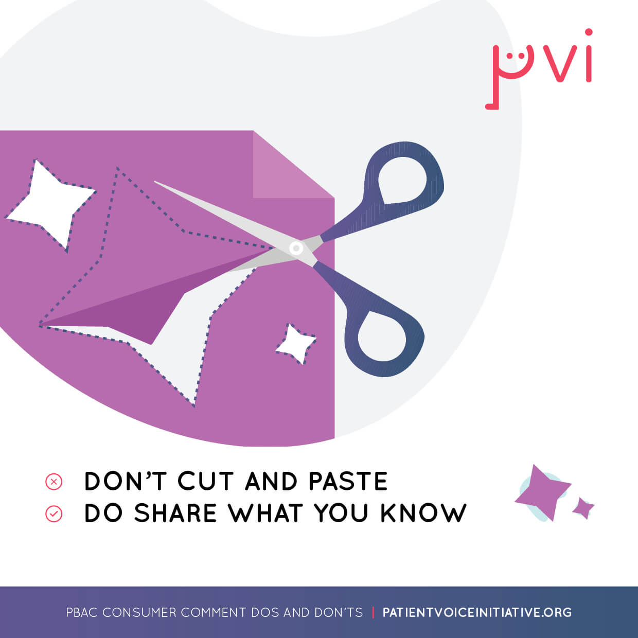 Tile with scissors for PBAC submission tips with text saying don't cut and paste and do share what you know